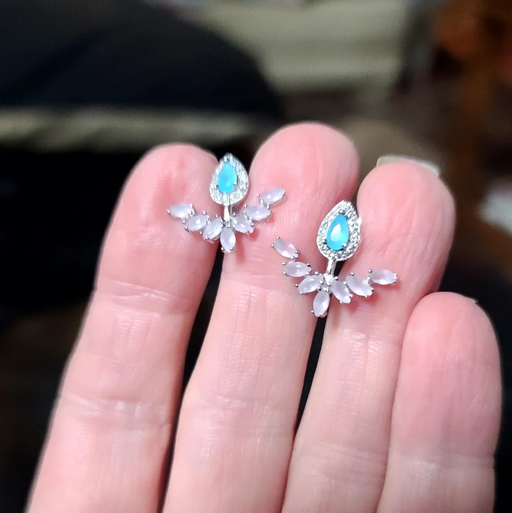 Pink & white Topaz & Aquamarine Sterling ornate earrings - Picture 4 of 7